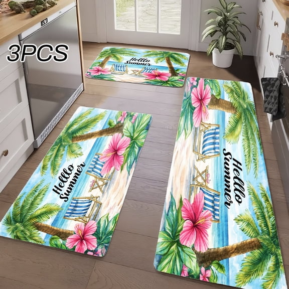 3PCS Kitchen Rugs, Welcome Door Mat set, Home Decoration for Front Door, Kitchen, Bathroom, Hello Summer Palm Tree Flower Beach Chair Dining Mat, Great Gift for Woman.