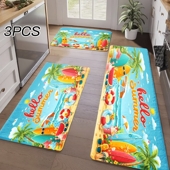3PCS Kitchen Rugs, Welcome Door Mat set, Home Decoration for Front Door, Kitchen, Bathroom, Hello Summer Palm Trees Beach Ball Sun Dining Mat, Great Gift for Woman.