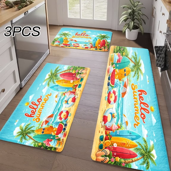 3PCS Kitchen Rugs, Welcome Door Mat set, Home Decoration for Front Door, Kitchen, Bathroom, Hello Summer Palm Trees Beach Ball Surfboard Dining Mat, Great Gift for Woman.