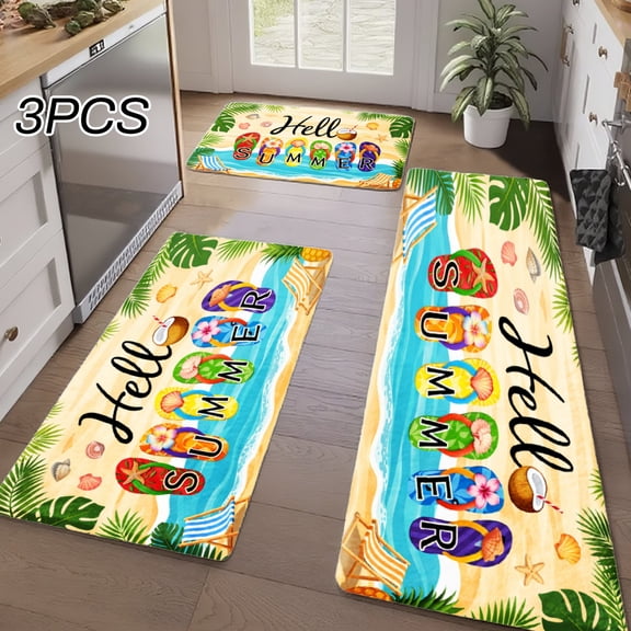 3PCS Kitchen Rugs, Welcome Door Mat set, Home Decoration for Front Door, Kitchen, Bathroom, Hello Summer Tropical Palm Leaves Beach Vibes Dining Mat, Great Gift for Woman.