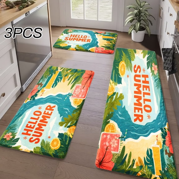 3PCS Kitchen Rugs, Welcome Door Mat set, Home Decoration for Front Door, Kitchen, Bathroom, Hello Summer Tropical Palm Tree Watermelon Pattern Dining Mat, Great Gift for Woman.