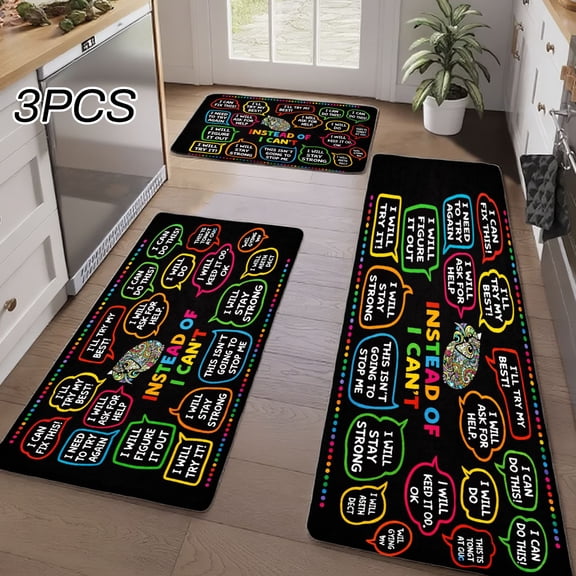 3PCS Kitchen Rugs, Welcome Door Mat set, Home Decoration for Front Door, Kitchen, Bathroom, I Can't I Will I Must I Should I Need I Want I Love I Hate I Try I Hope Dining Mat, Great Gift for Woman.