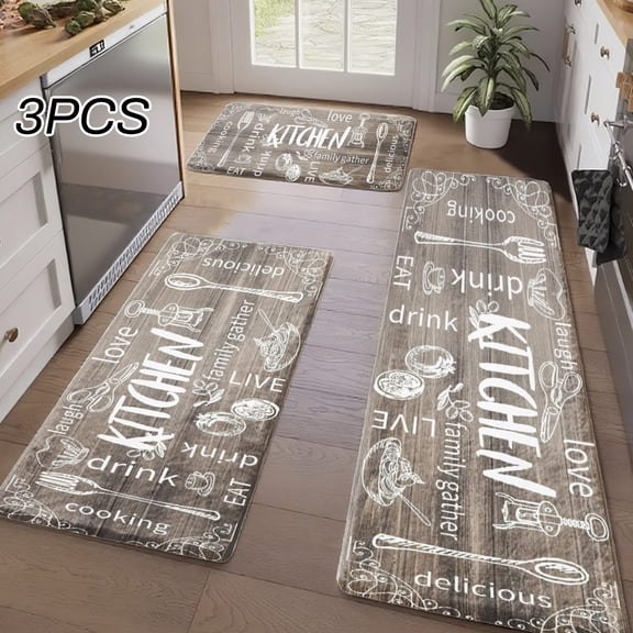 3PCS Kitchen Rugs, Welcome Door Mat set, Home Decoration for Front Door, Kitchen, Bathroom, Kitchen Love Cook Drink Eat Laugh Family Gather Dining Mat, Great Gift for Woman.