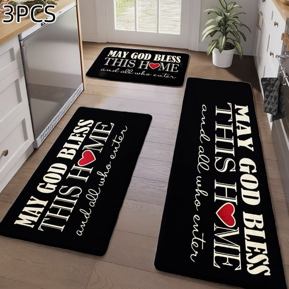 3PCS Kitchen Rugs, Welcome Door Mat set, Home Decoration for Front Door, Kitchen, Bathroom, May God Bless This Home And All Who Enter Dining Mat, Great Gift for Woman.