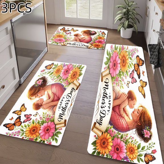 3PCS Kitchen Rugs, Welcome Door Mat set, Home Decoration for Front Door, Kitchen, Bathroom, Mother And Child With Flowers Butterflies And Scroll Dining Mat, Great Gift for Woman.