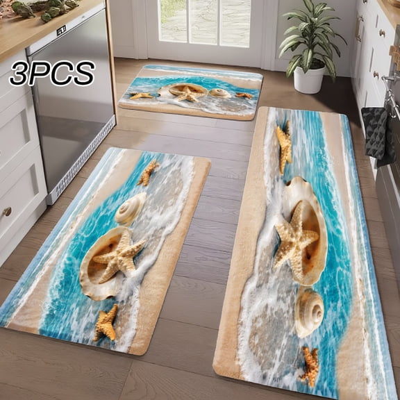 3PCS Kitchen Rugs, Welcome Door Mat set, Home Decoration for Front Door, Kitchen, Bathroom, Ocean Waves Seashells Starfish Beach Scene Pattern Dining Mat, Great Gift for Woman.
