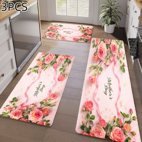 3PCS Kitchen Rugs, Welcome Door Mat set, Home Decoration for Front Door, Kitchen, Bathroom, Pink Roses Green Leaves Mother's Day Ribbon Pattern Dining Mat, Great Gift for Woman.