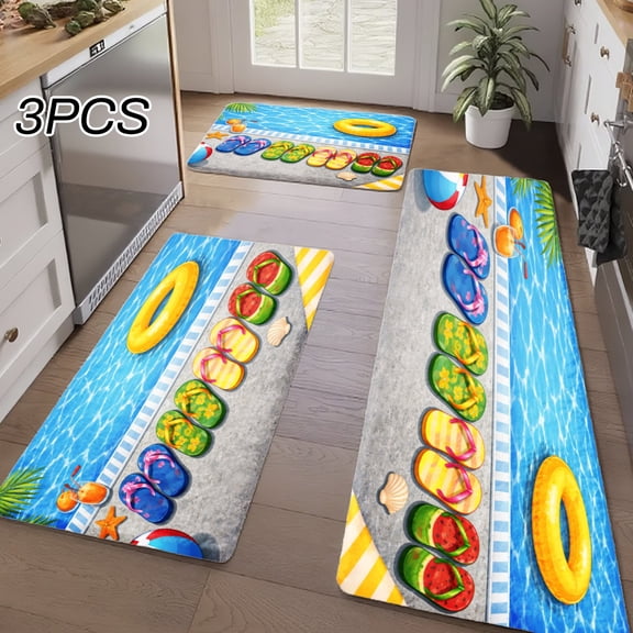 3PCS Kitchen Rugs, Welcome Door Mat set, Home Decoration for Front Door, Kitchen, Bathroom, Pool Floats Flip Flops Beach Ball Palm Leaves Dining Mat, Great Gift for Woman.