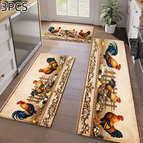 3PCS Kitchen Rugs, Welcome Door Mat set, Home Decoration for Front Door, Kitchen, Bathroom, Rooster Chicken Farmyard Pattern With Fence And Eggs Dining Mat, Great Gift for Woman.