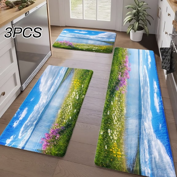 3PCS Kitchen Rugs, Welcome Door Mat set, Home Decoration for Front Door, Kitchen, Bathroom, Sky Blue Clouds Grass Pink Flowers Dining Mat, Great Gift for Woman.