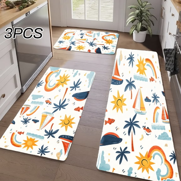 3PCS Kitchen Rugs, Welcome Door Mat set, Home Decoration for Front Door, Kitchen, Bathroom, Sun Rainbow Palm Tree Sailboat Starfish Fish Cloud Dining Mat, Great Gift for Woman.