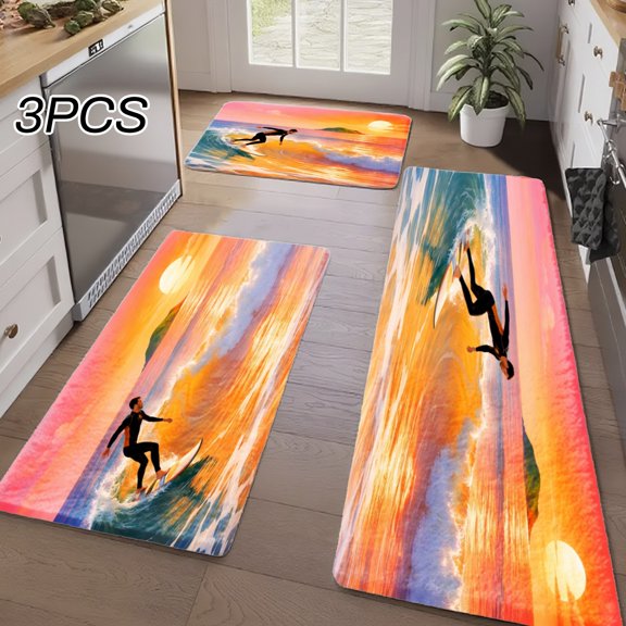 3PCS Kitchen Rugs, Welcome Door Mat set, Home Decoration for Front Door, Kitchen, Bathroom, Surfer Riding Wave At Sunset Sky Dining Mat, Great Gift for Woman.