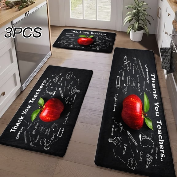 3PCS Kitchen Rugs, Welcome Door Mat set, Home Decoration for Front Door, Kitchen, Bathroom, Thank You Teachers Apple Chalkboard Design Dining Mat, Great Gift for Woman.