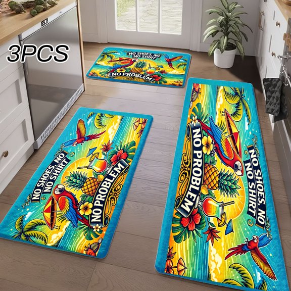 3PCS Kitchen Rugs, Welcome Door Mat set, Home Decoration for Front Door, Kitchen, Bathroom, Tropical Birds Pineapples Flowers And Palm Trees Pattern Dining Mat, Great Gift for Woman.