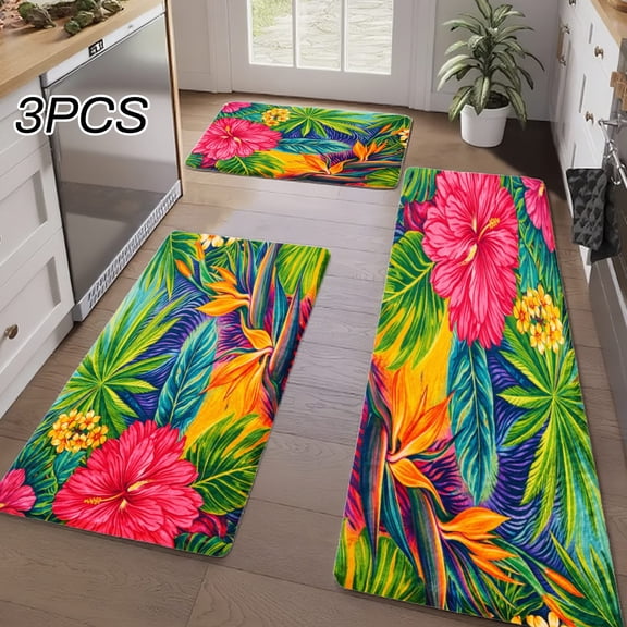 3PCS Kitchen Rugs, Welcome Door Mat set, Home Decoration for Front Door, Kitchen, Bathroom, Tropical Flowers And Leaves Pattern Print Dining Mat, Great Gift for Woman.
