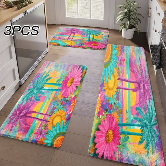 3PCS Kitchen Rugs, Welcome Door Mat set, Home Decoration for Front Door, Kitchen, Bathroom, Tropical Palm Trees Sunflowers Rainbow Sky Dining Mat, Great Gift for Woman.