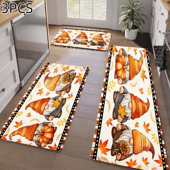3PCS Kitchen Rugs, Welcome Door Mat set, Home Decoration for Front Door, Kitchen, Bathroom, Turkey Pilgrim Autumn Leaves Harvest Pattern Print Dining Mat, Great Gift for Woman.