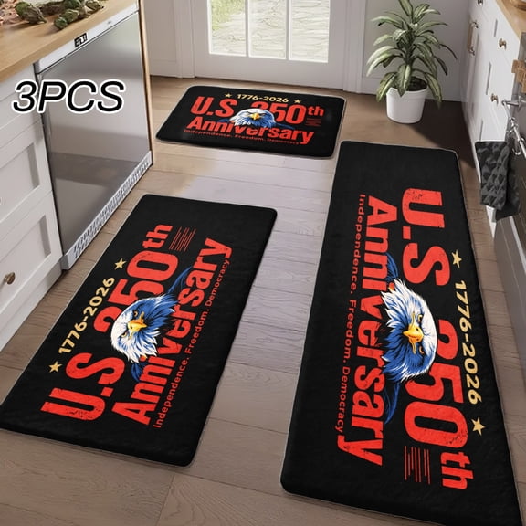 3PCS Kitchen Rugs, Welcome Door Mat set, Home Decoration for Front Door, Kitchen, Bathroom, U S 50th Anniversary Eagle Design Red And Black Dining Mat, Great Gift for Woman.