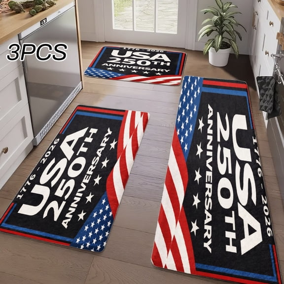3PCS Kitchen Rugs, Welcome Door Mat set, Home Decoration for Front Door, Kitchen, Bathroom, Usa 250th Anniversary American Flag Pattern Dining Mat, Great Gift for Woman.