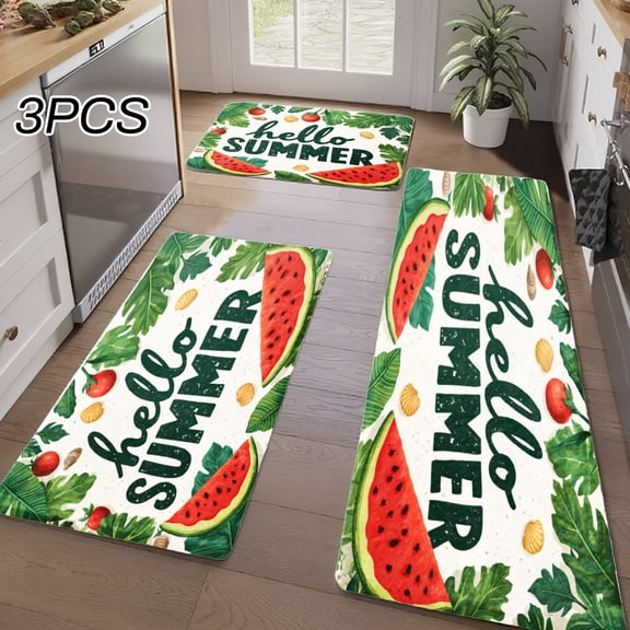 3PCS Kitchen Rugs, Welcome Door Mat set, Home Decoration for Front Door, Kitchen, Bathroom, Watermelon Leaves Summer Hello Pattern Print Dining Mat, Great Gift for Woman.