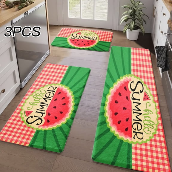 3PCS Kitchen Rugs, Welcome Door Mat set, Home Decoration for Front Door, Kitchen, Bathroom, Watermelon Summer Pattern Red And Checkered Design Dining Mat, Great Gift for Woman.