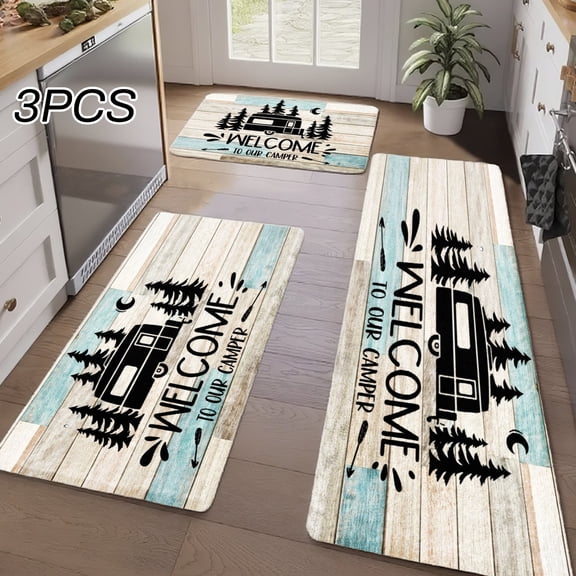 3PCS Kitchen Rugs, Welcome Door Mat set, Home Decoration for Front Door, Kitchen, Bathroom, Welcome To Our Camper Wood Pattern With Trees And Van Dining Mat, Great Gift for Woman.