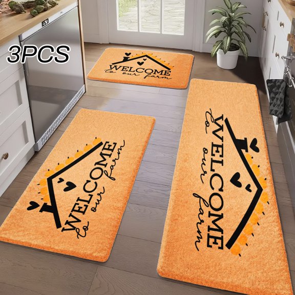 3PCS Kitchen Rugs, Welcome Door Mat set, Home Decoration for Front Door, Kitchen, Bathroom, Welcome To Our Farm Pattern Print Dining Mat, Great Gift for Woman.