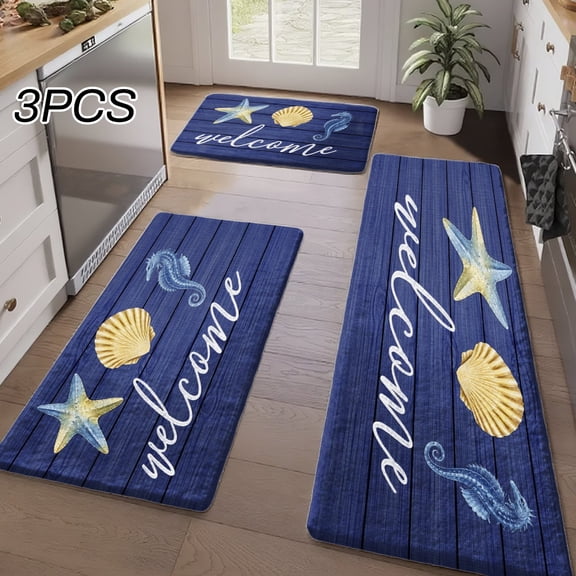 3PCS Kitchen Rugs, Welcome Door Mat set, Home Decoration for Front Door, Kitchen, Bathroom, Welcome Starfish Shell Seashell Wave Pattern Dining Mat, Great Gift for Woman.