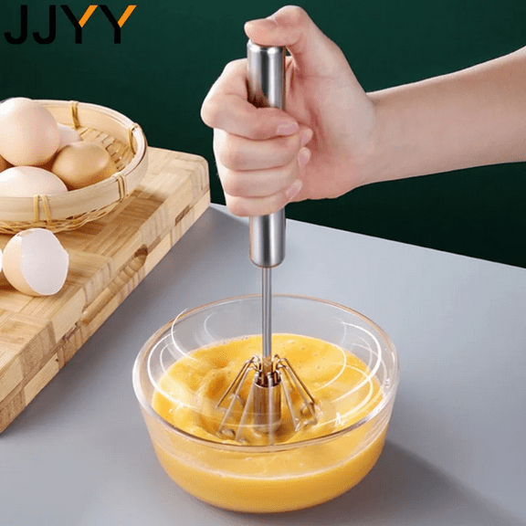 3PCS Kitchen Stainless Steel Whisk Creamer Semi-automatic Rotary Whisk Beech Wood Vase Handle Hand Mixer Cooking Baking