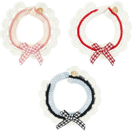 3PCS Knitted Cat Collars Handmade Pet Collar with Buckles Adjustable Bow Tie Pet Collar Rose Brown Blue Handmade Collars Wool Hand-Woven Scarf Cat Collar Puppy Collar for Pet Kitty Cat