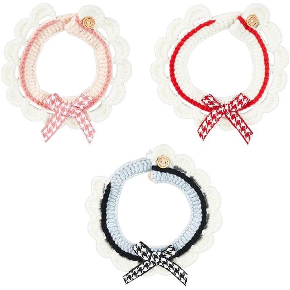 3PCS Knitted Cat Collars Handmade Pet Collar with Buckles Adjustable Bow Tie Pet Collar Rose Brown Blue Handmade Collars Wool Hand-Woven Scarf Cat Collar Puppy Collar for Pet Kitty Cat