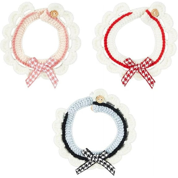 3PCS Knitted Cat Collars with Buckles Bows - Handmade Rose Blue Wool Collars for Cats Kittens Colorful