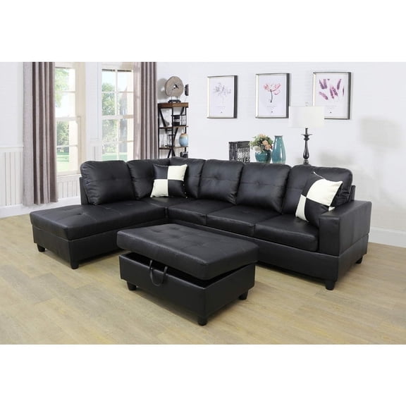 3PCS L Shape Faux Leather Sectional Sofa Set, Living Room Sofa Set with Storage Ottoman and Matching Pillows (Black)