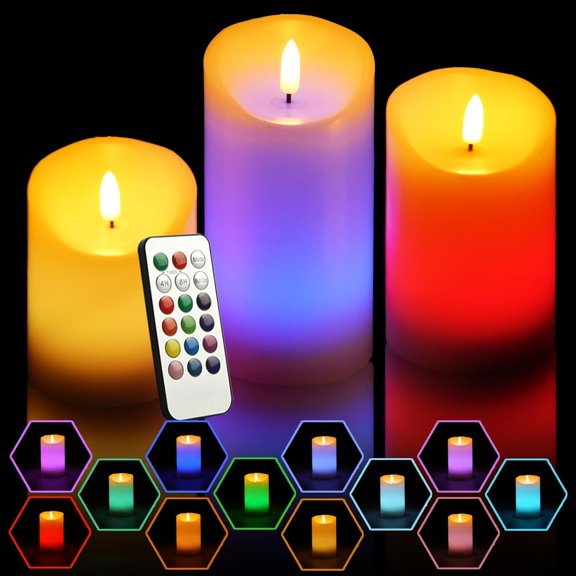 3PCS LED Multi Colored Flameless Candles Battery Operated Flickering Flame Color Changing Candles with Remote Control Real Wax Electric Fake Candles, D3 x H4 5" 6"