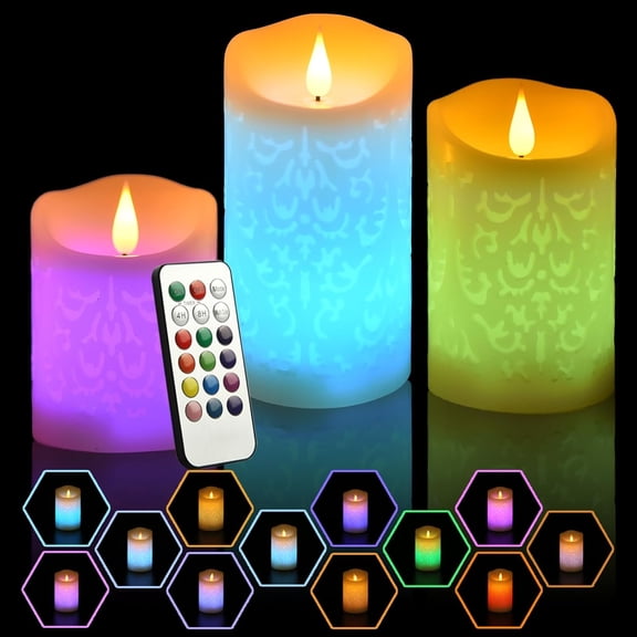 3PCS LED Multi Colored Flameless Candles with Remote Control Timer Color Changing Candles Realistic Wax Battery Operated Candles with Flickering Flame, D3 x H4 5" 6"