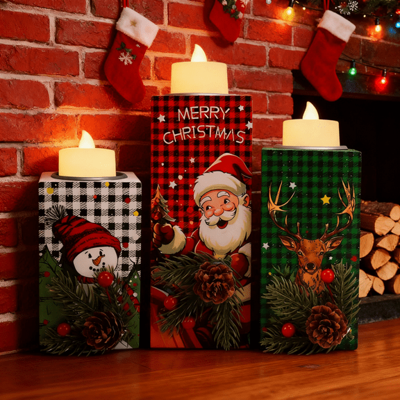 3PCS LED Tea Light Wooden Candle Holders – Christmas Indoor Decor, 3D Carving, Centerpieces for Home Office Table