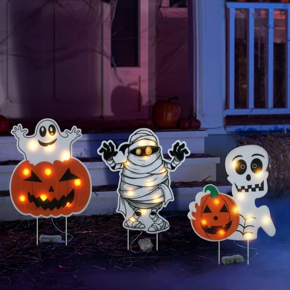 3PCS LED Yard Signs for Halloween Pumpkin Ghost Monster Yard Sign with Stakes Outdoor Lawn Decorations