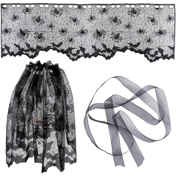 3PCS Lamp Shade Cover Lace Ribbon 20X60 Inch Large Black Polyester Bat Spider Web Lampshades Topper Fireplace Mantle Scarf Cover for Festive Party Home Indoor Decor