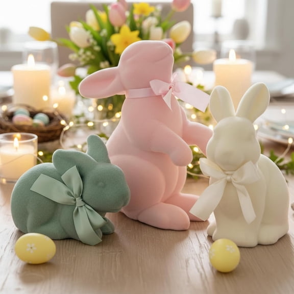 3PCS Large Flocked Easter Bunny Set, 10.2" Tall Sage Green, Blush Pink & Ivory Rabbit Figurines with Satin Bows, Assorted Poses for Modern Farmhouse Mantel, Shelf & Spring Table Decor