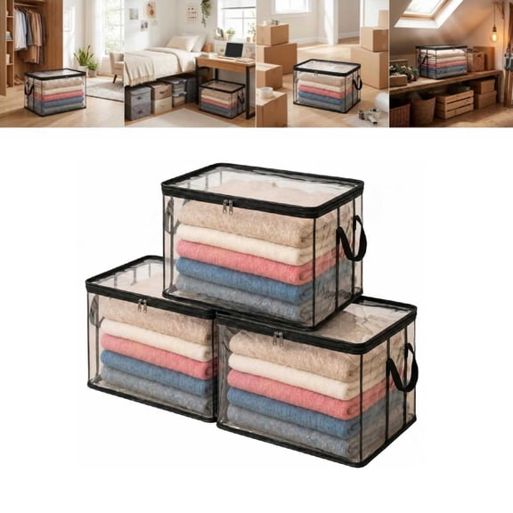 3PCS Large Heavy-Duty Thick Plastic Clear Storage Bag for Clothes, 9.8" x 12.6" Stackable Foldable Moving Bags with Lids Handles Zipper for College Dorm Packing Home Organization (Mid)