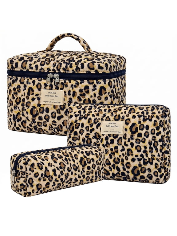 3PCS Travel Makeup Bag for Women, Leopard Cotton Cosmetic Bag, Large Medium Small Quilted Toiletry Organizer Bag