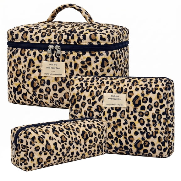3PCS Travel Makeup Bag for Women, Leopard Cotton Cosmetic Bag, Large Medium Small Quilted Toiletry Organizer Bag