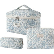 3PCS Large Travel Quilted Makeup Bag for Women, Floral Cotton Cosmetic Bag, Coquette Aesthetic Floral Toiletry Organizer Bag