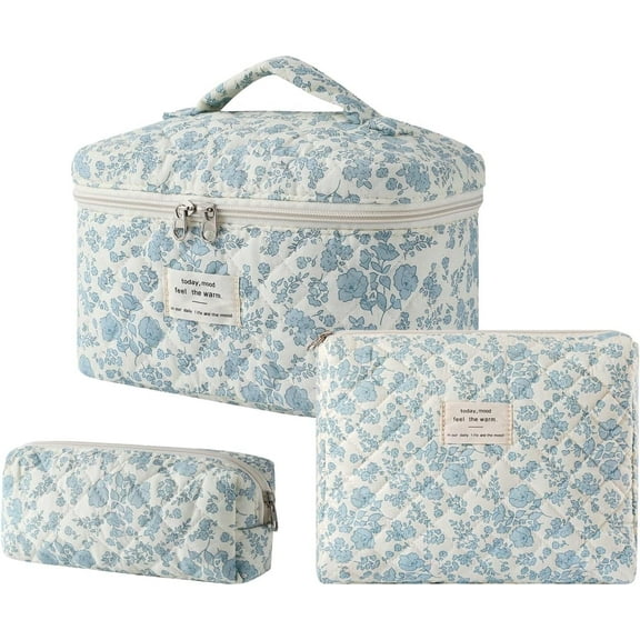 3PCS Large Travel Quilted Makeup Bag for Women, Floral Cotton Cosmetic Bag, Coquette Aesthetic Floral Toiletry Organizer Bag