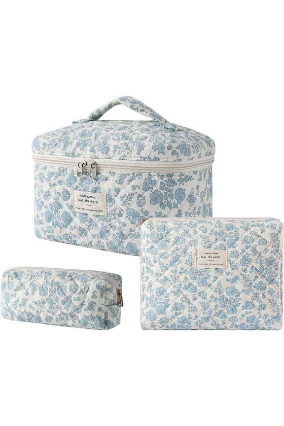 3PCS Large Travel Quilted Makeup Bag for Women, Floral Cotton Cosmetic Bag, Coquette Aesthetic Floral Toiletry Organizer Bag
