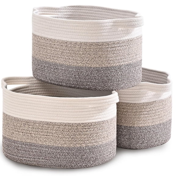3PCS Large Woven Cotton Rope Storage Basket With Handles - 15"x10"x9.5" Decorative Organizer for Toys, Books, Living Room - Gradient Brown