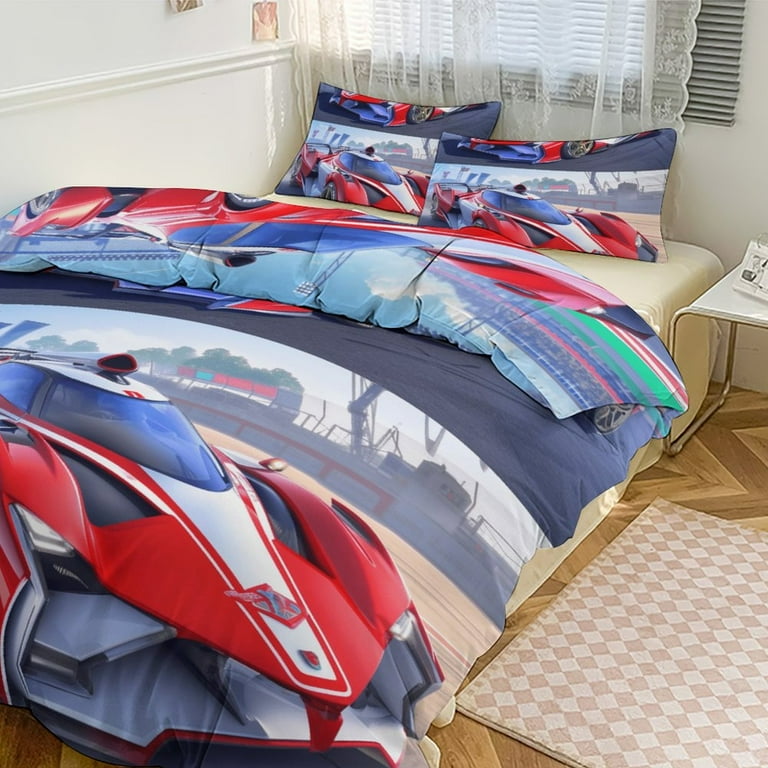 3PCS Lightning Pattern Race Car Duvet Cover Set Twin, Duvet