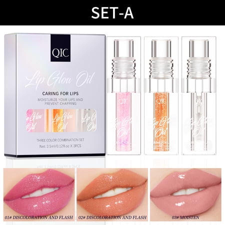 3PCS Lip Glow Oil Set, Color Changing Moisturizing Lip Oil, Non-Sticky Plumping Lip Gloss, Hydrating Lip Care Oil for Dry Lips, Clear Glitter Lip Gloss for Daily Makeup
