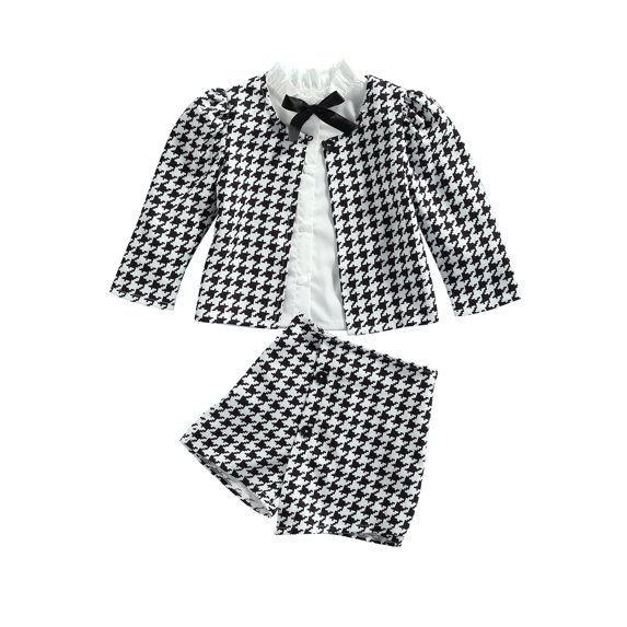 3PCS Little Girls Outfits Long Sleeve Plaid Blazer Cardigan Jacket Single Breasted + Long Sleeve Shirt + Shorts 1T 2T 3T 4T 5T 6T 7T Kids Dressy Clothes Suit