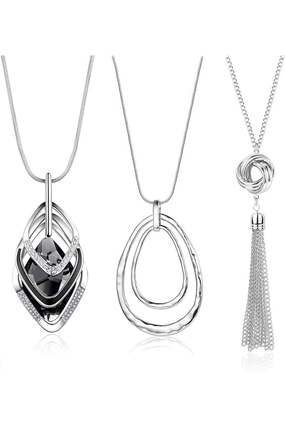 3PCS Long Pendant Necklaces for Women Disk Circle Pendant Triple Stack Pendant Necklace Tassel Sweater Necklace Statement Necklace Y Necklaces Set